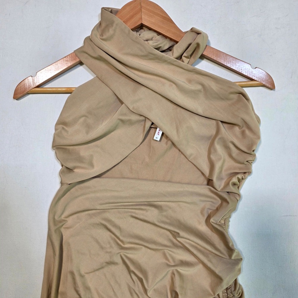 D&M Ruched Halter Mini Dress Womens S Tan Crossover Bodycon Cocktail Party Night